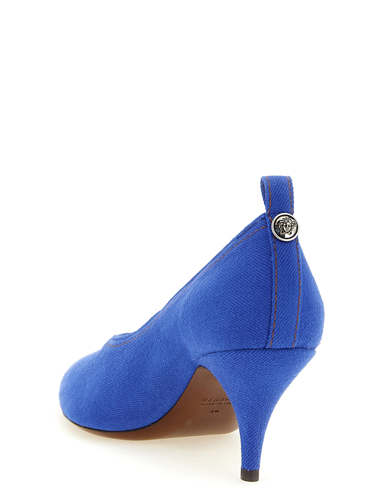 Blue Cotton Mid Heel Pumps