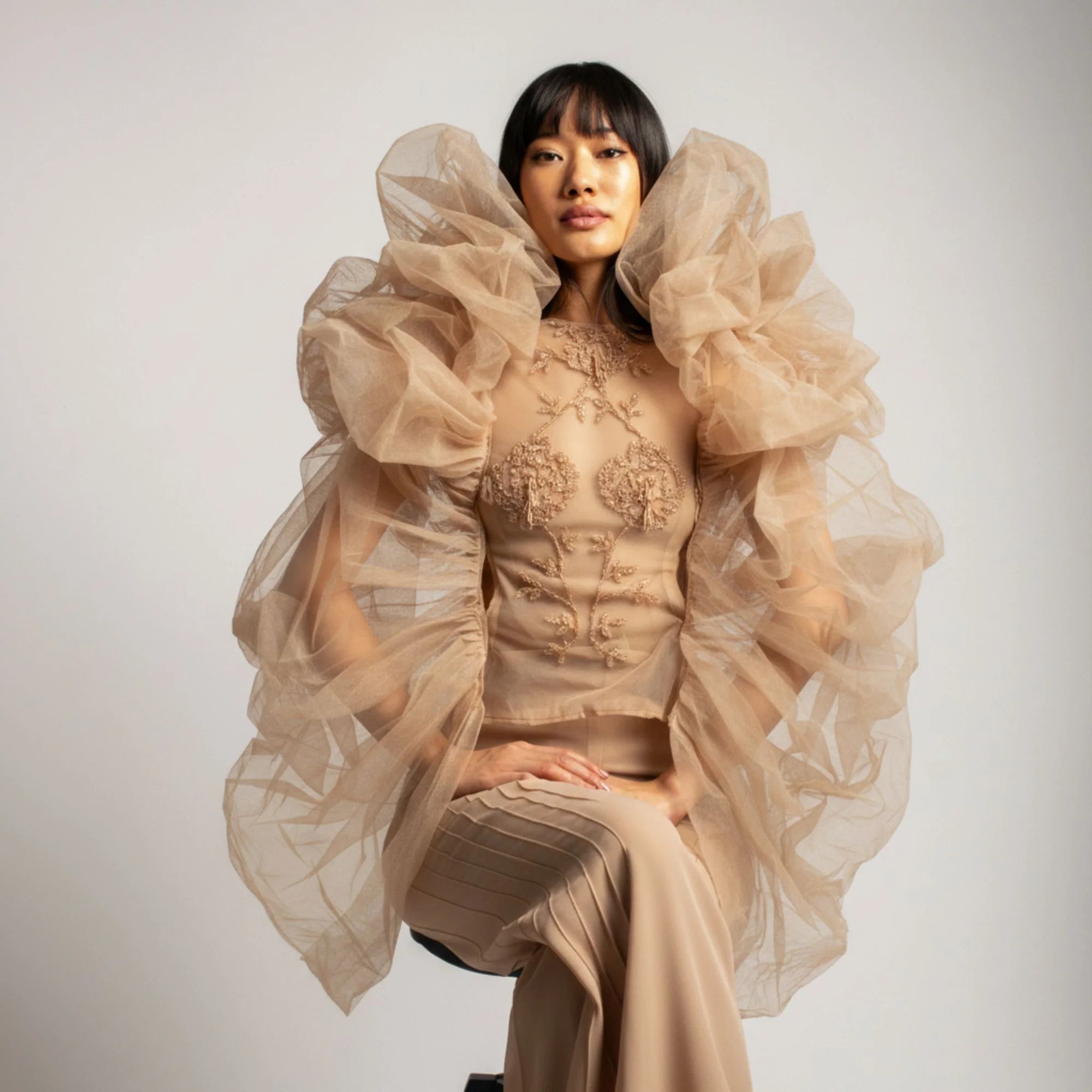 Beige Embroidered Top with Detachable Sleeves