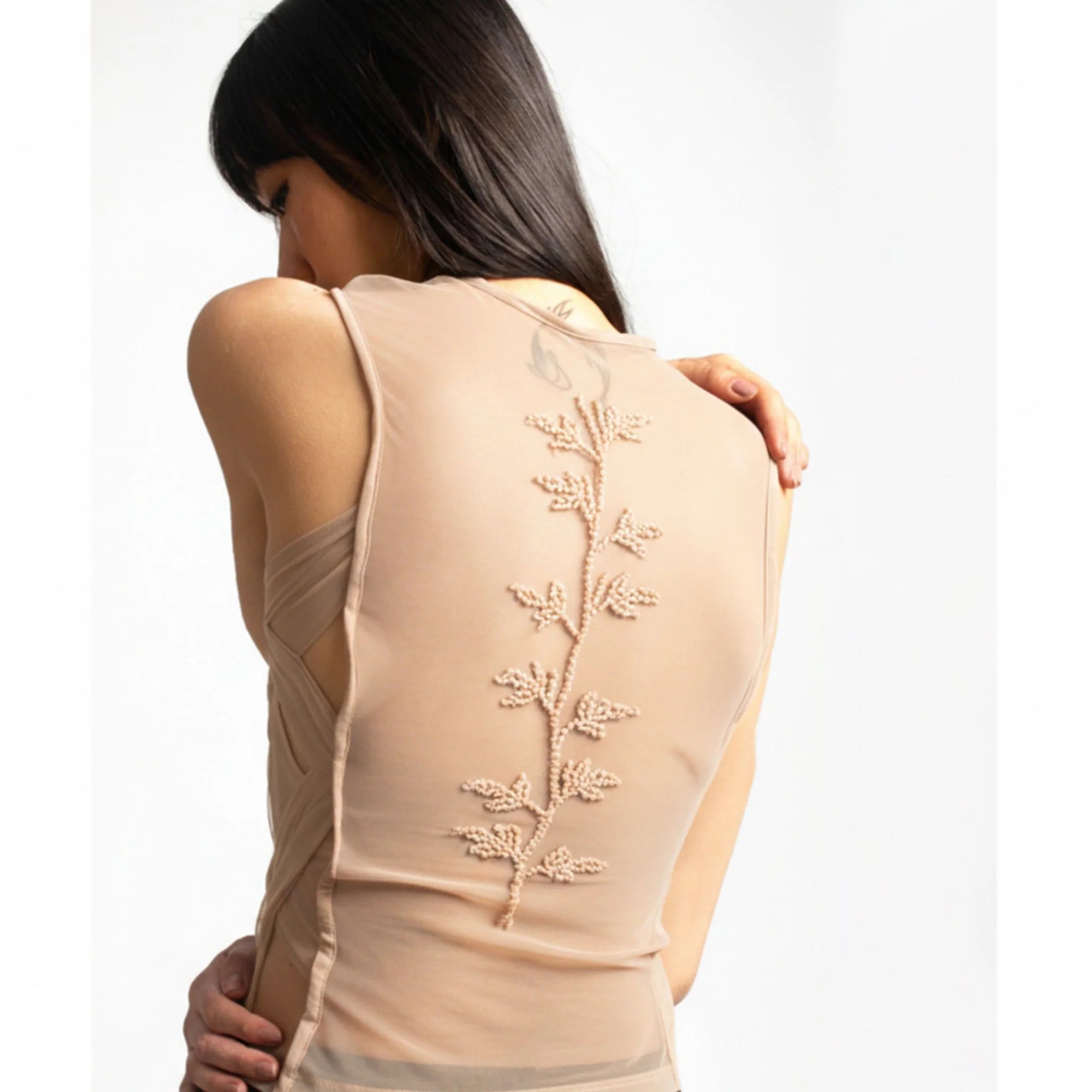 Beige Embroidered Top with Detachable Sleeves