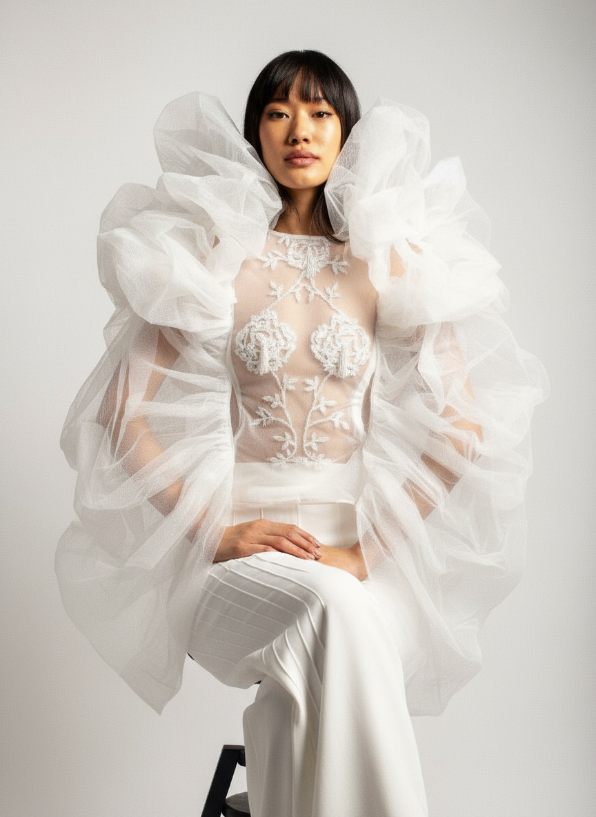 White Embroidered Top with Detachable Sleeves