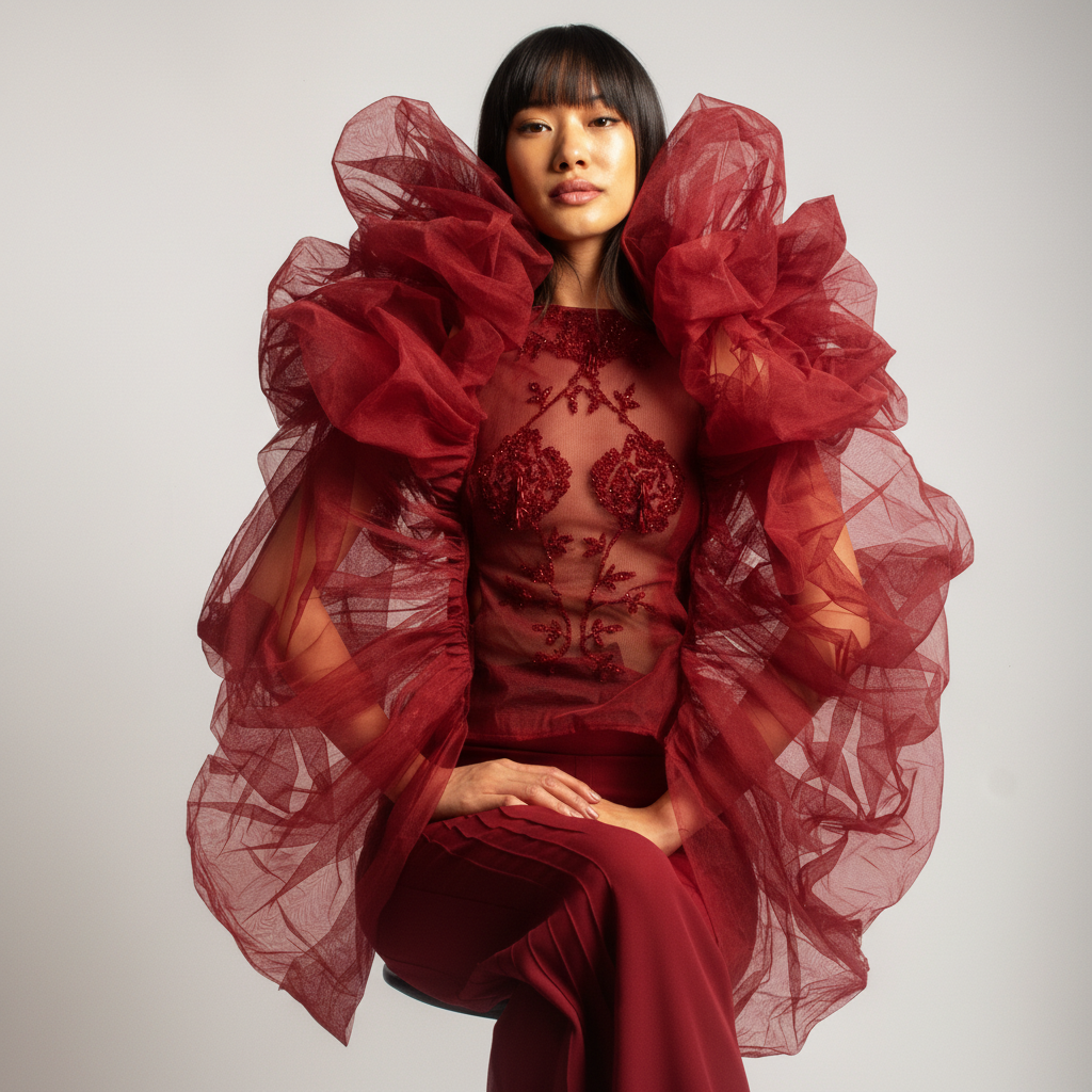 Burgundy Embroidered Top with Detachable Sleeves