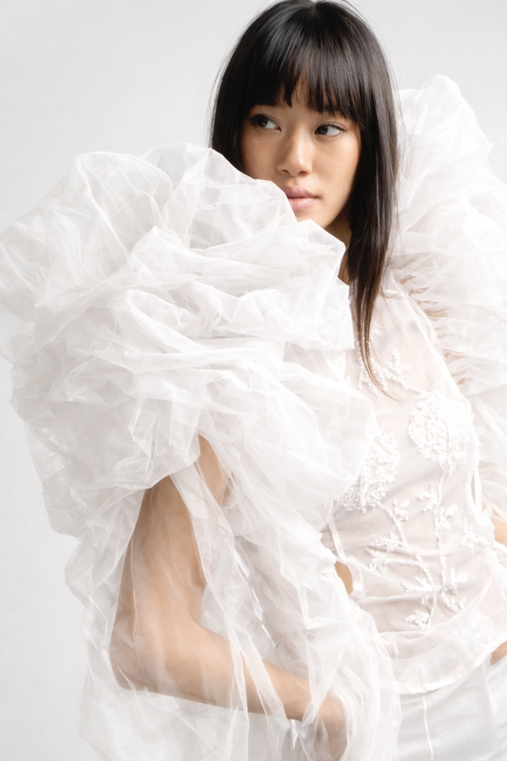White Embroidered Top with Detachable Sleeves