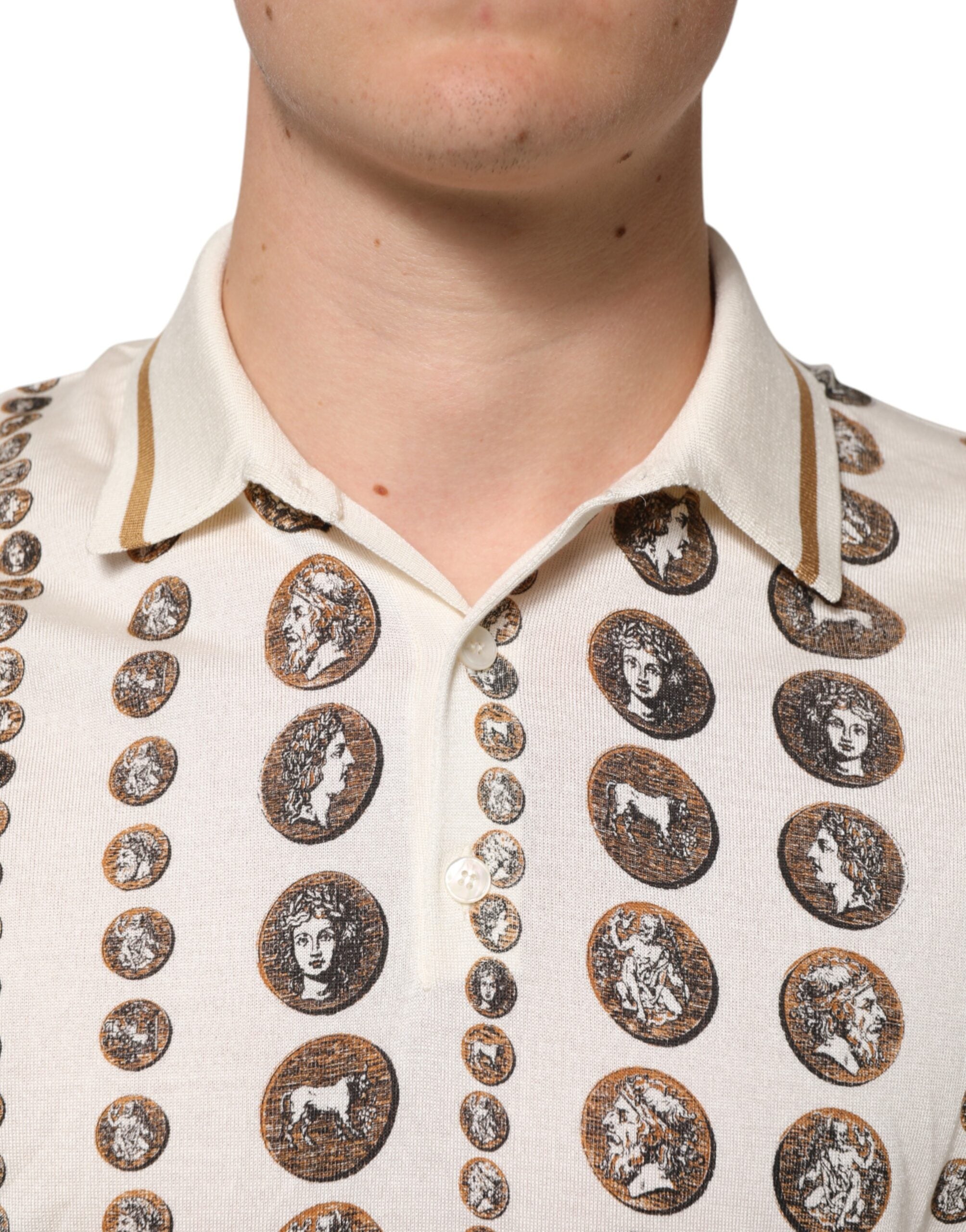 Silk Ivory Coin Print Logo Men Polo T-shirt