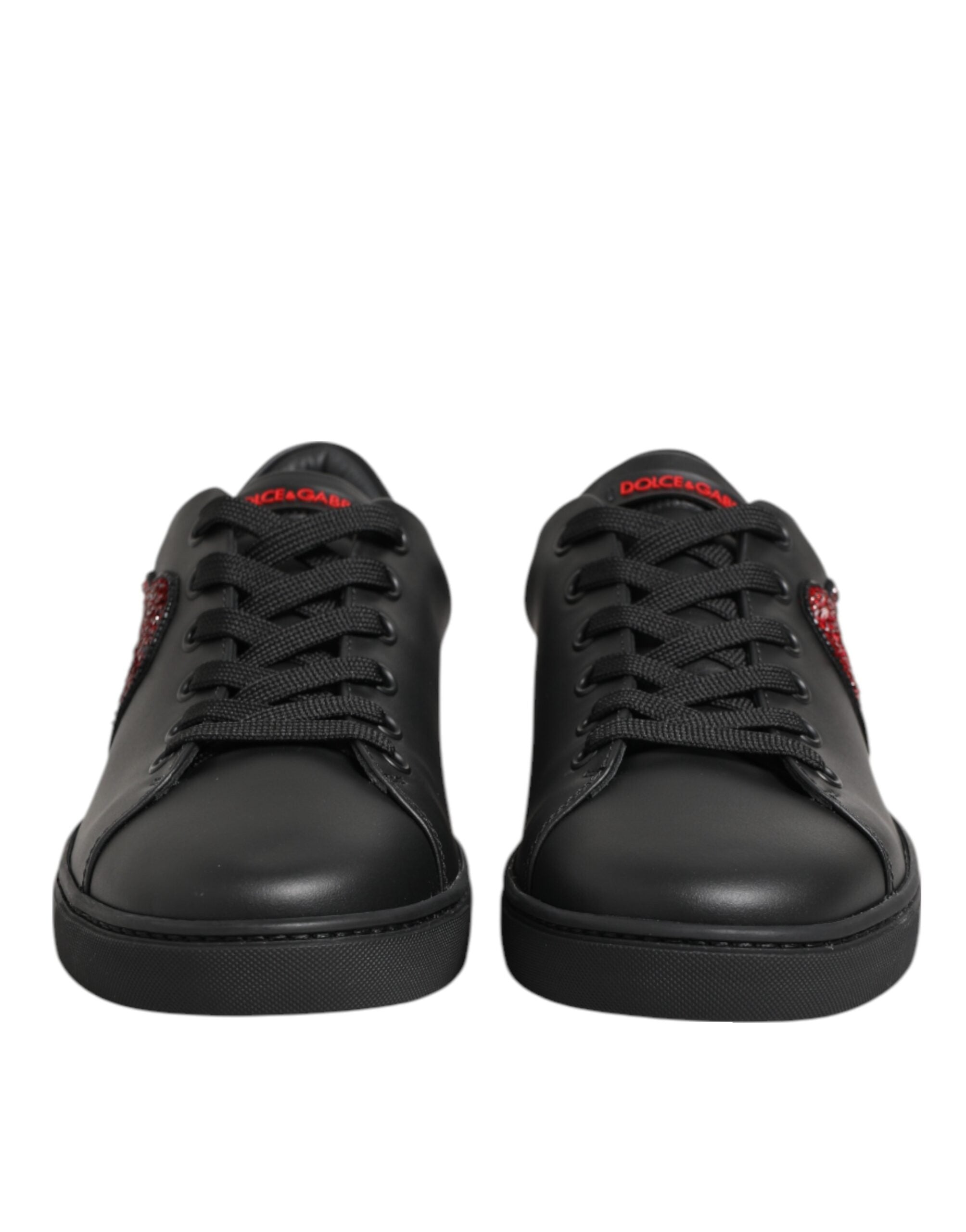 Black Leather Crystal Heart Low Top Sneakers  Shoes