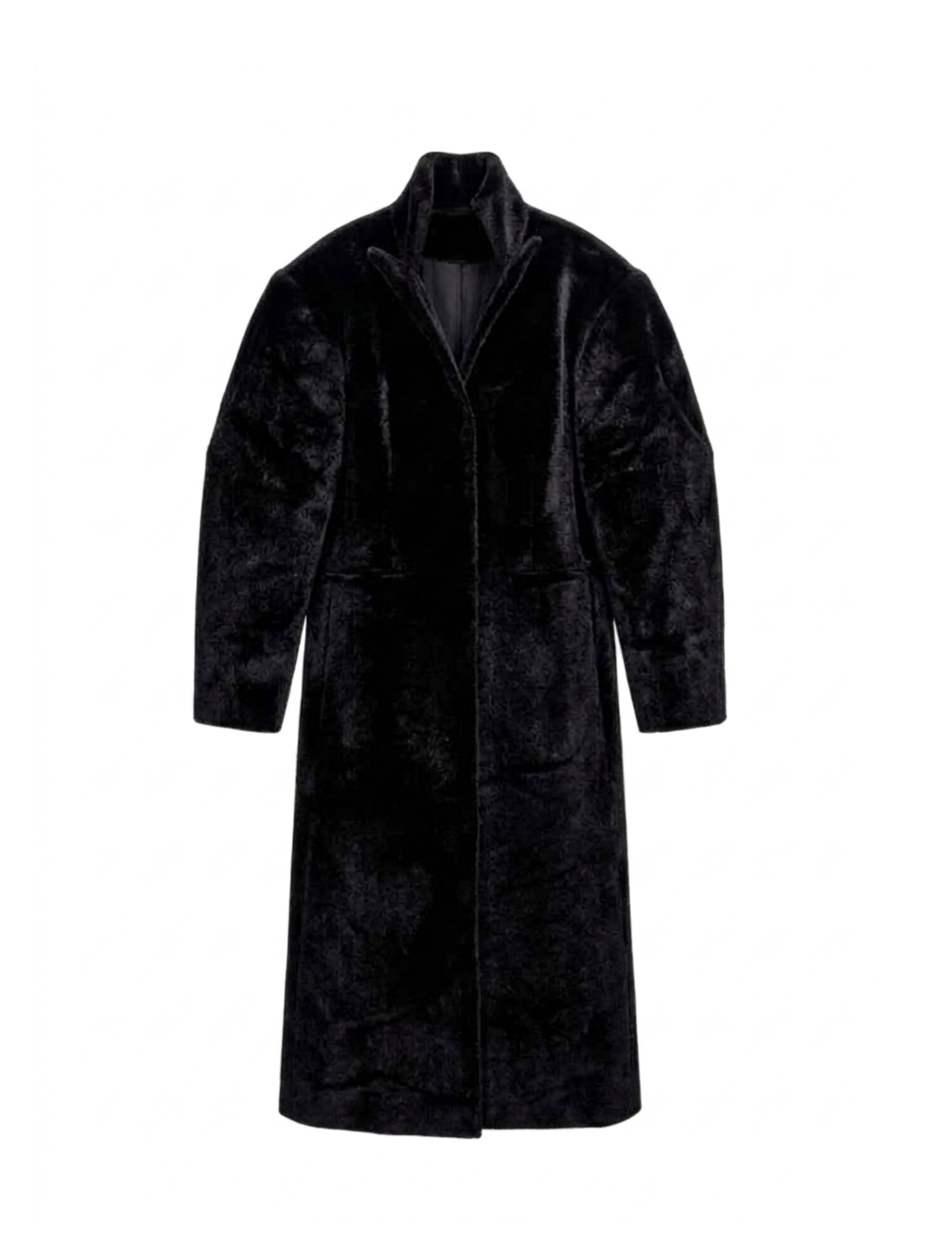 Midnight Black Faux Fur Coat with Stand-Up Collar