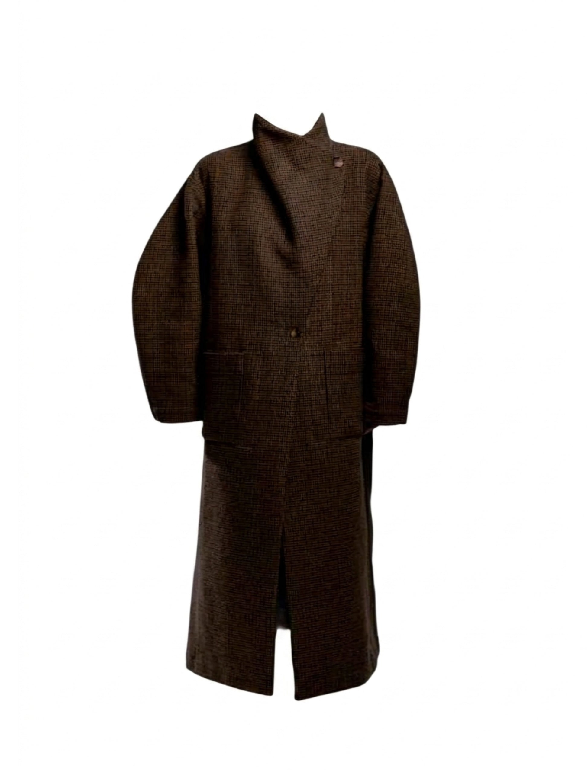 Sculptural Brown Houndstooth Maxi Coat