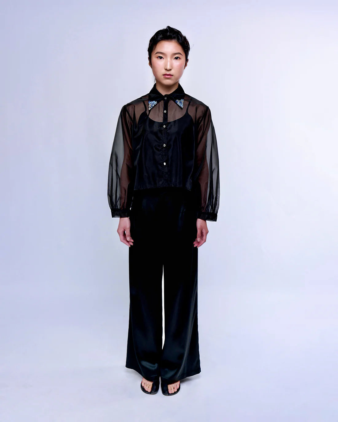 French Silk Ribbon Embroidery Organza Blouse - White or Black