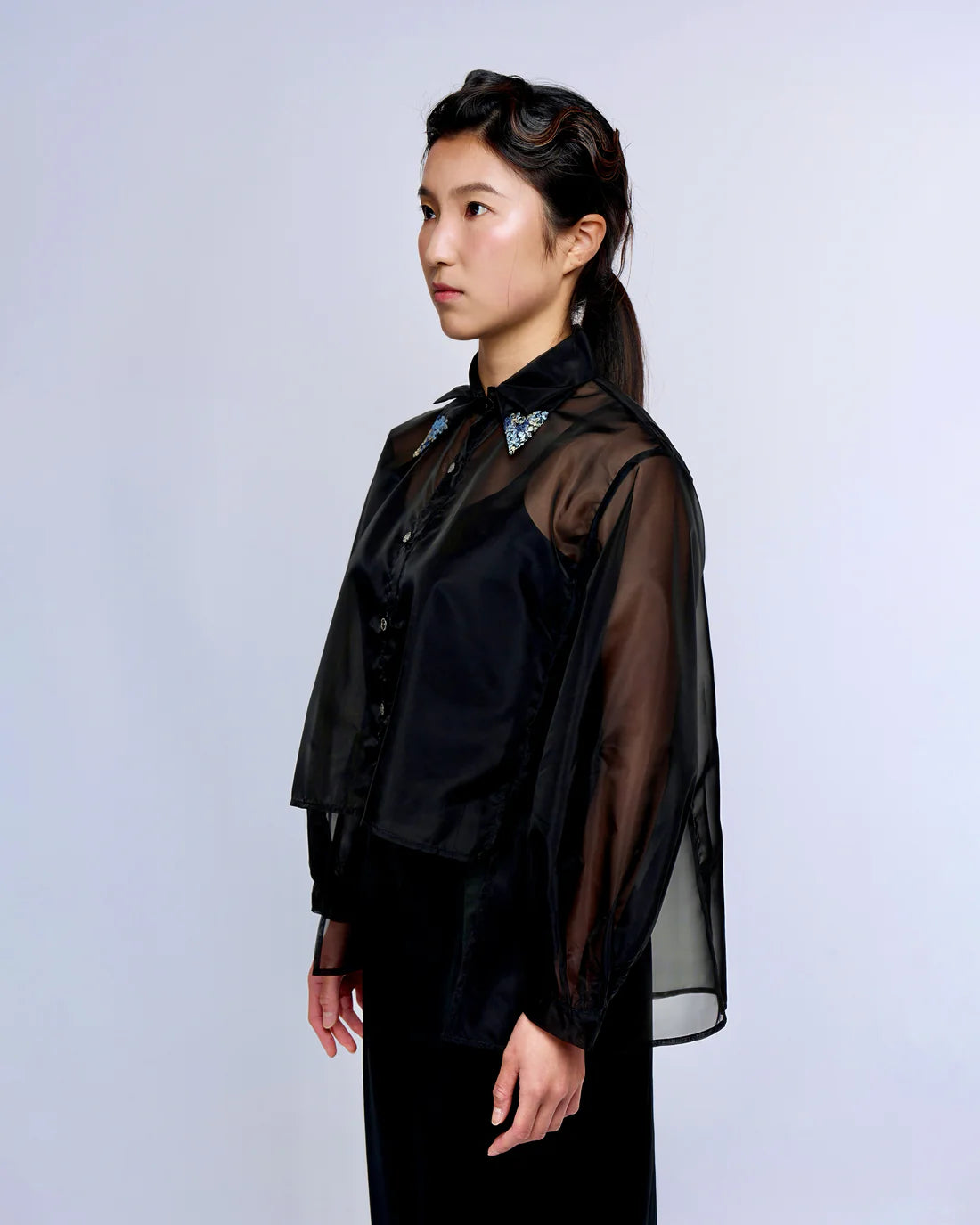 French Silk Ribbon Embroidery Organza Blouse - White or Black