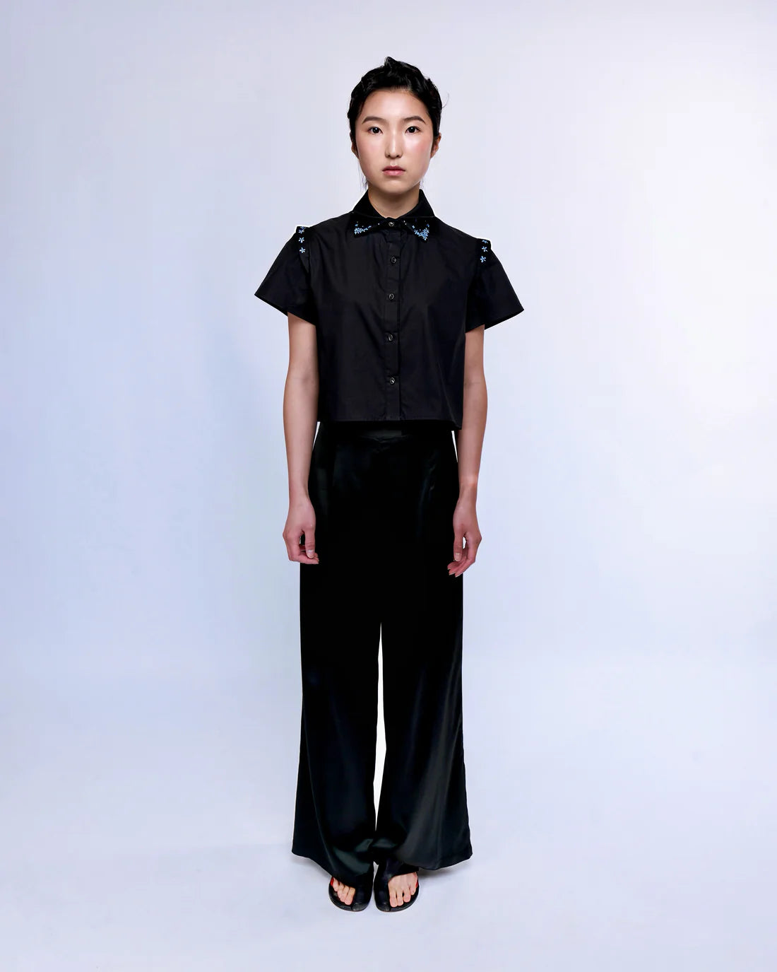 Ribbon Embroidery cropped Shirt - White or Black