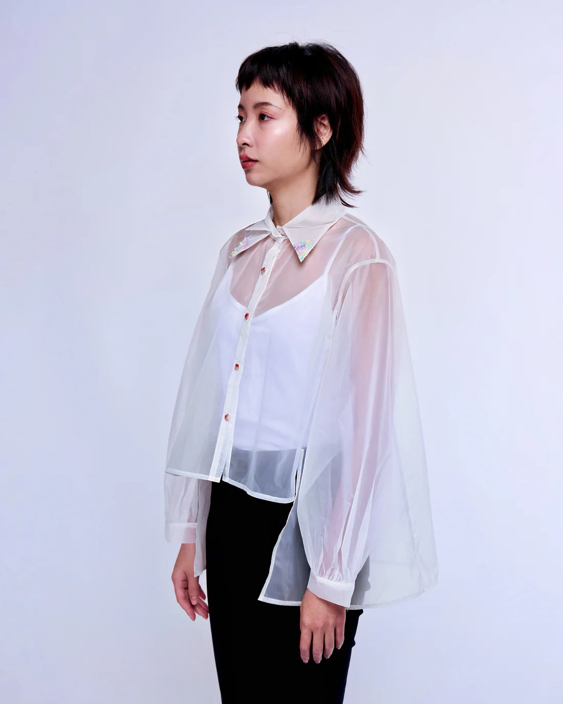 French Silk Ribbon Embroidery Organza Blouse - White or Black