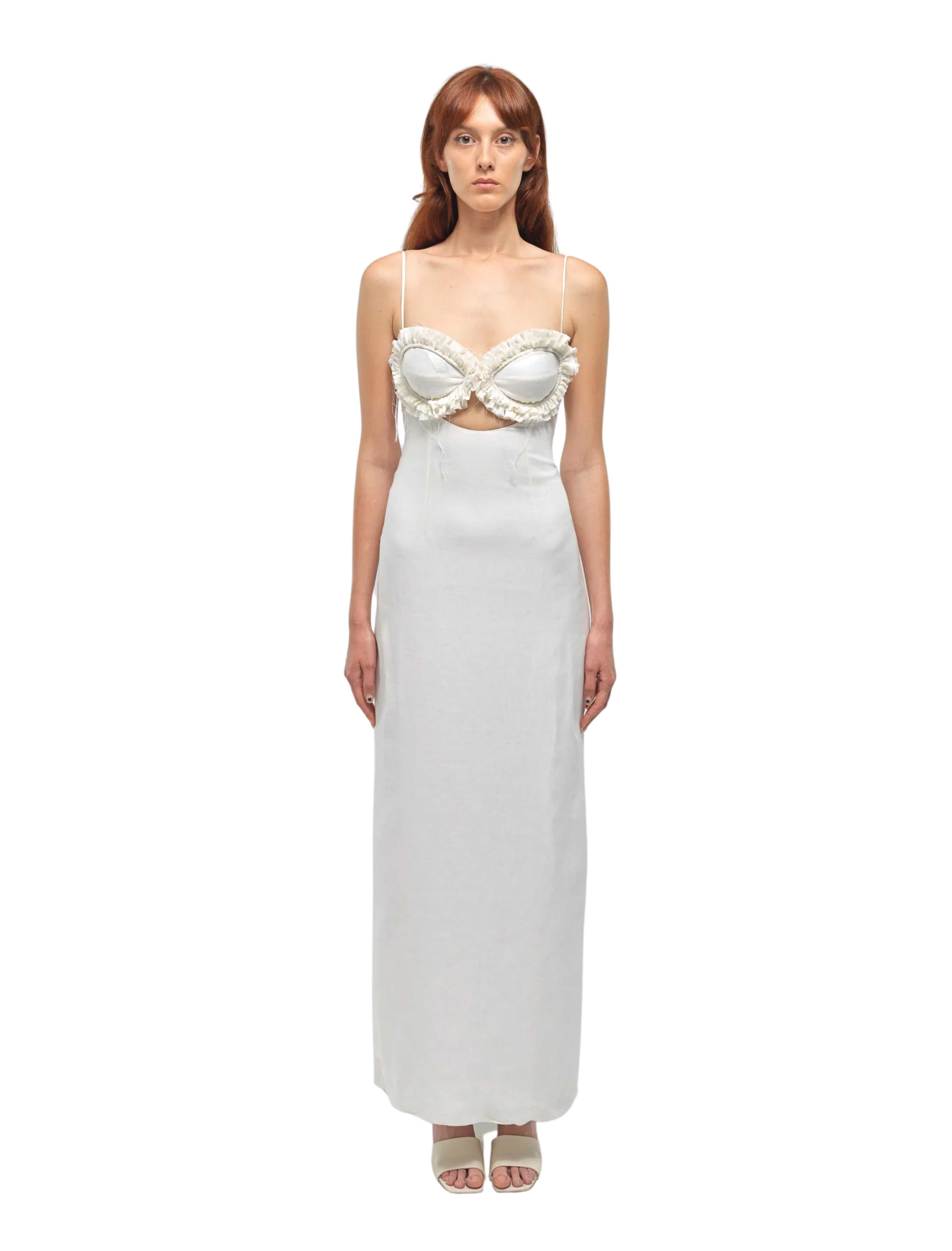 Sarah White Linen Dress With Ruffles