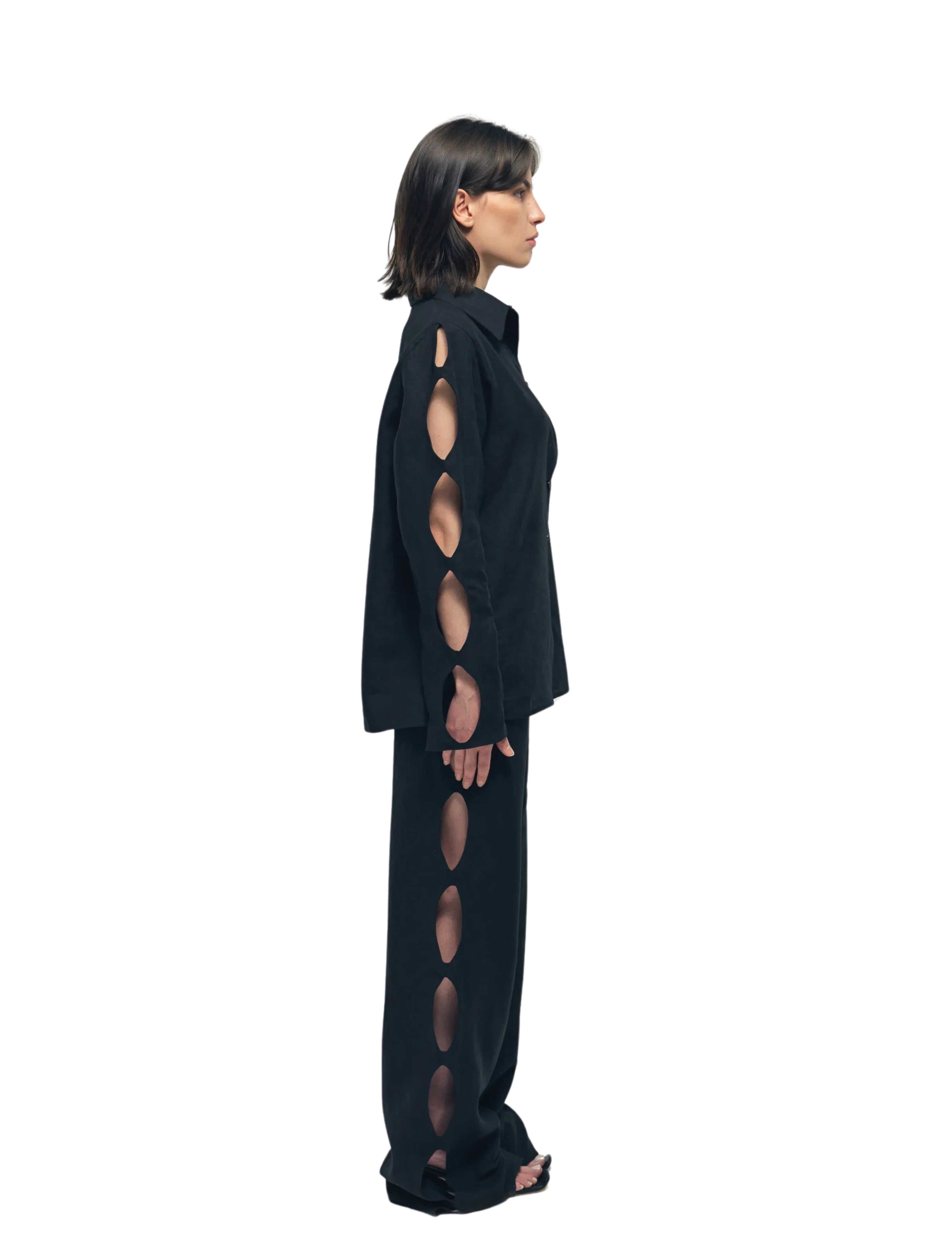 Nereus Black Cut-Out Linen Pants