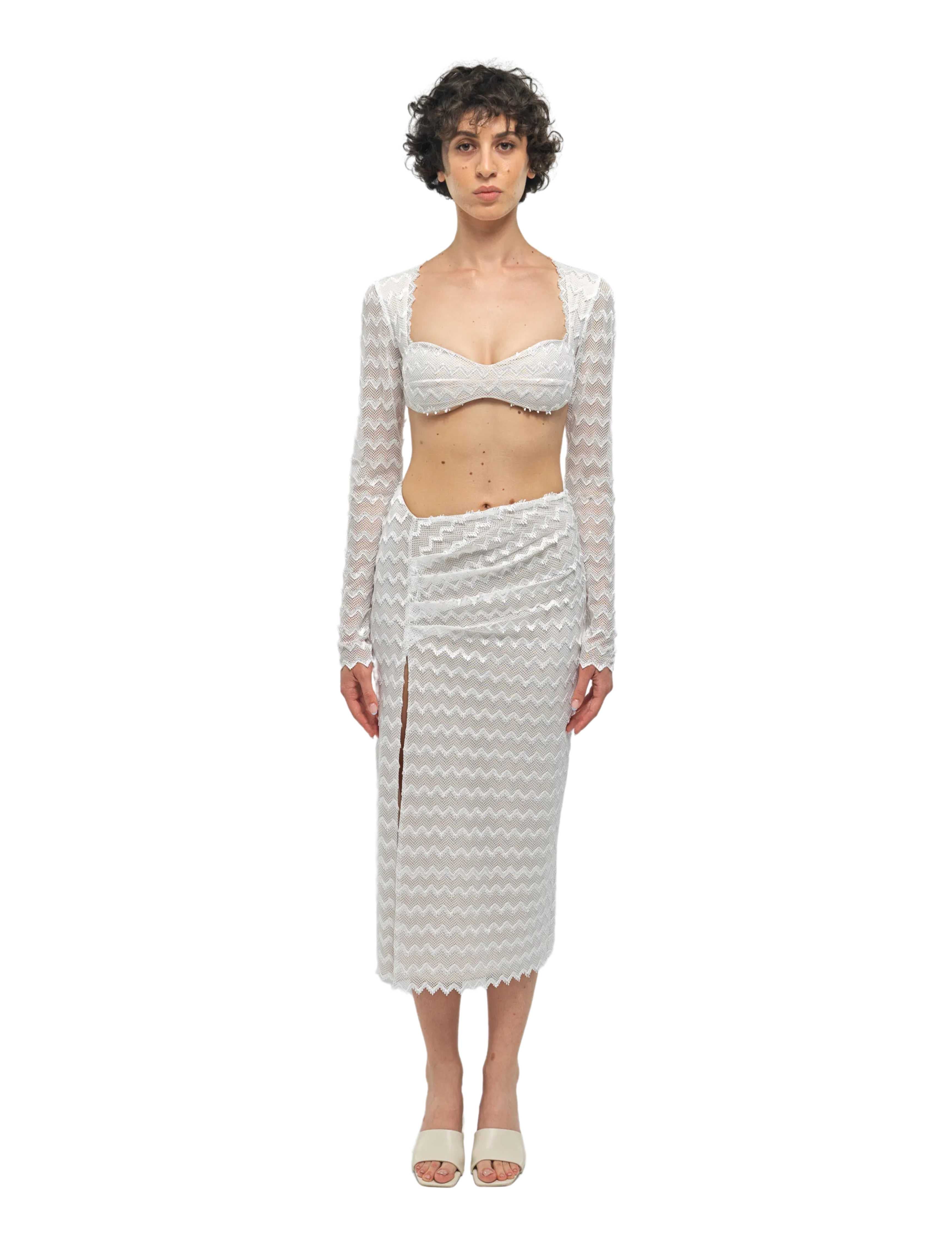 Hebo White Knit Asymmetric Midi Skirt