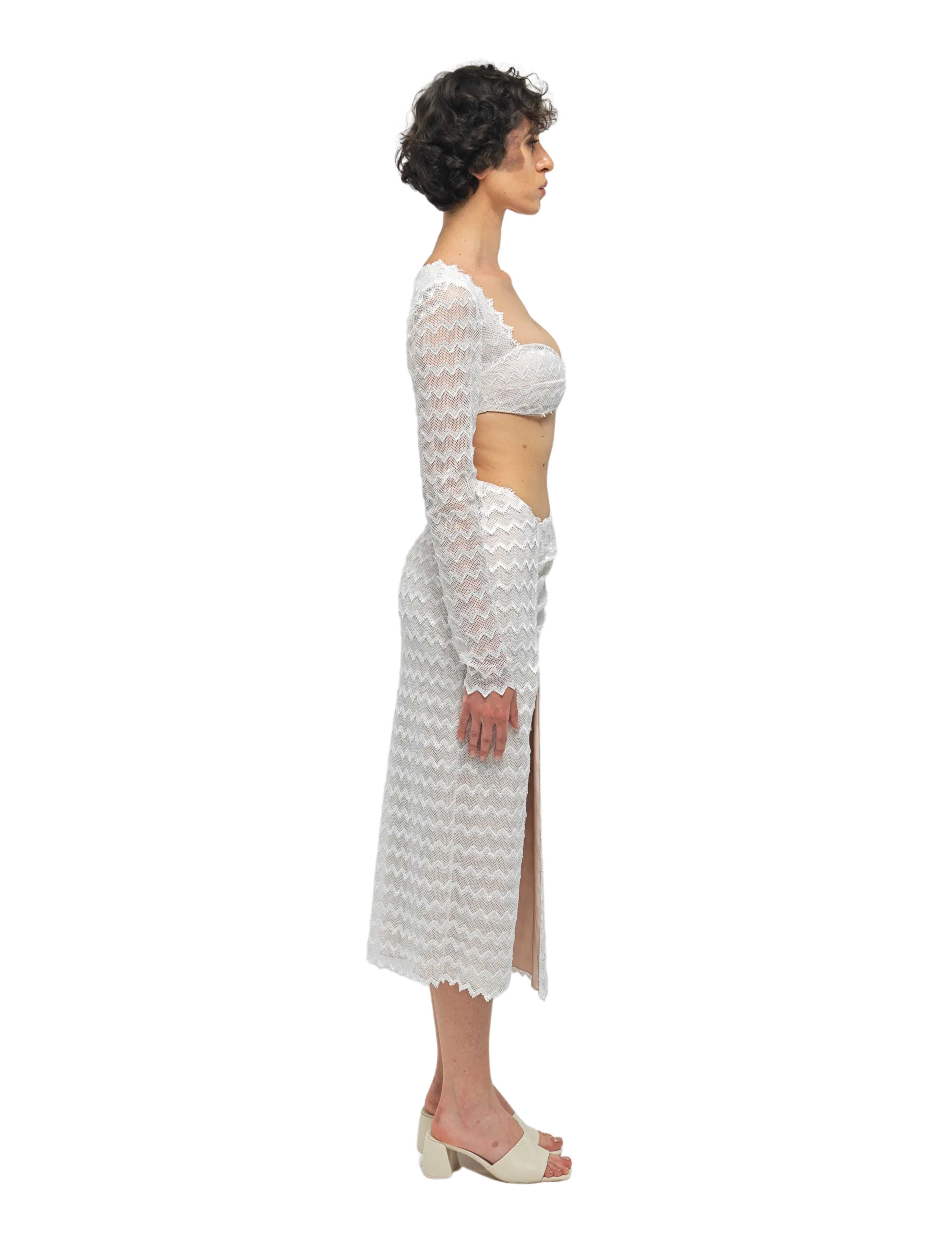 Hebo White Knit Asymmetric Midi Skirt