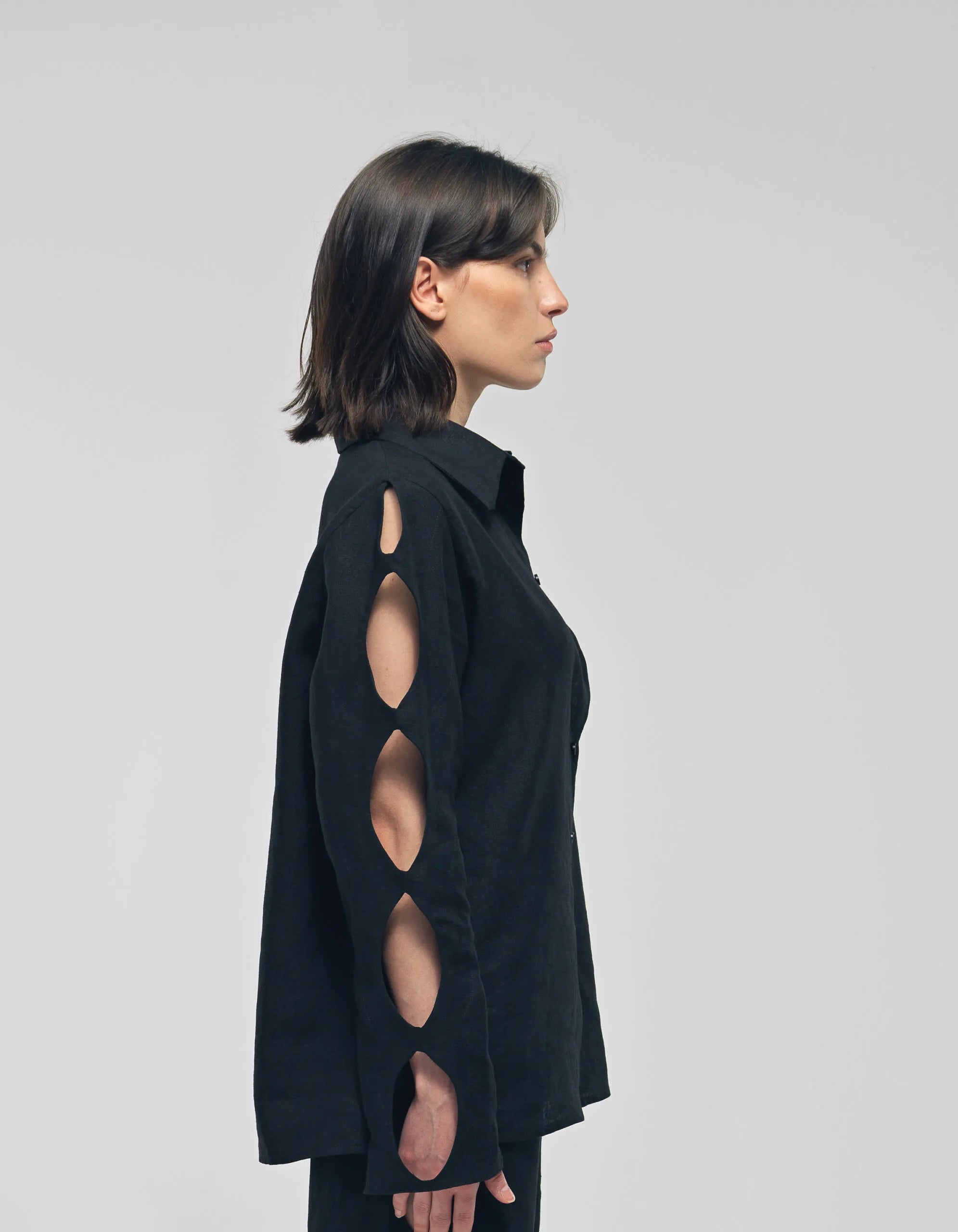NEREUS Black Cut-Out Linen Shirt