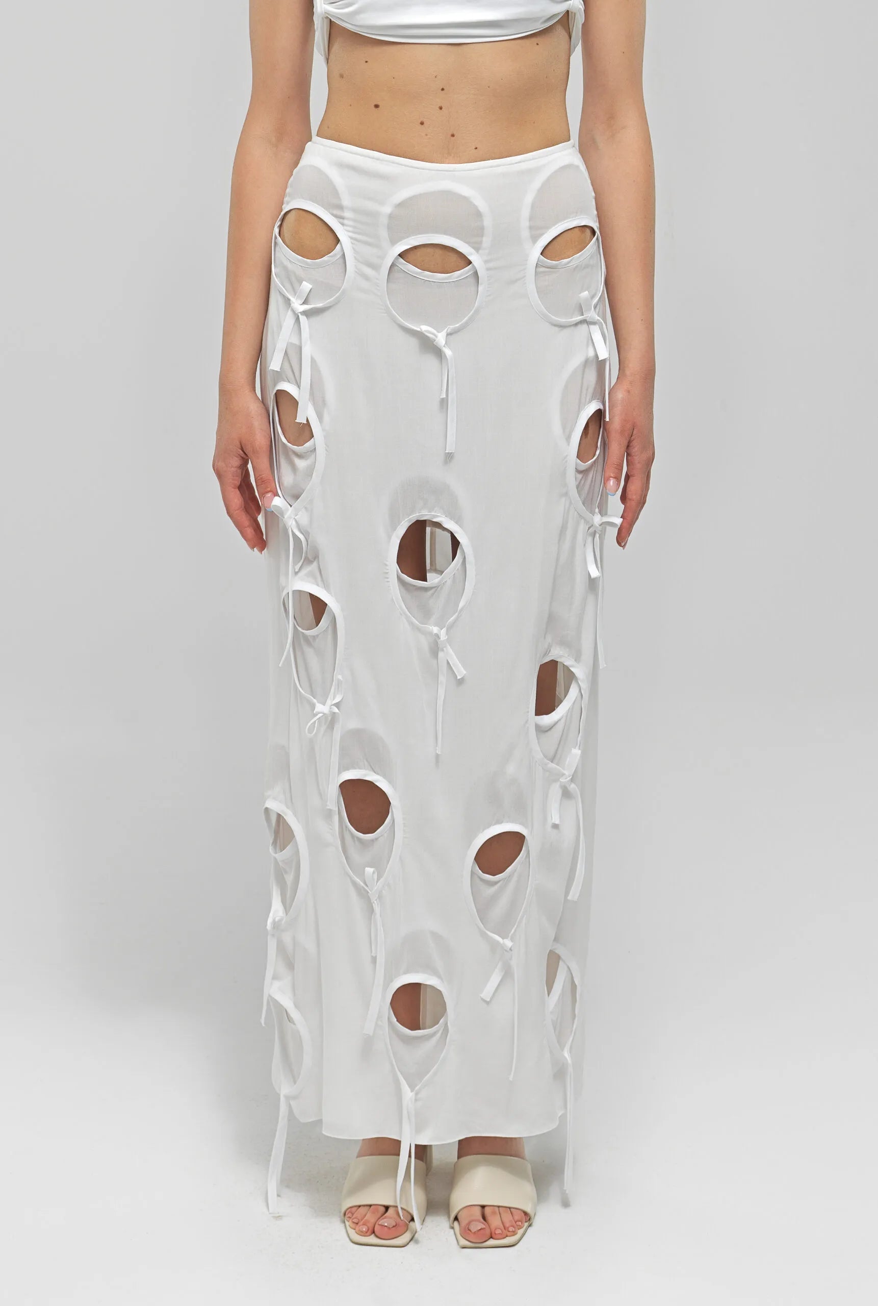 OLENA White Circle Cut-Out Midi Skirt