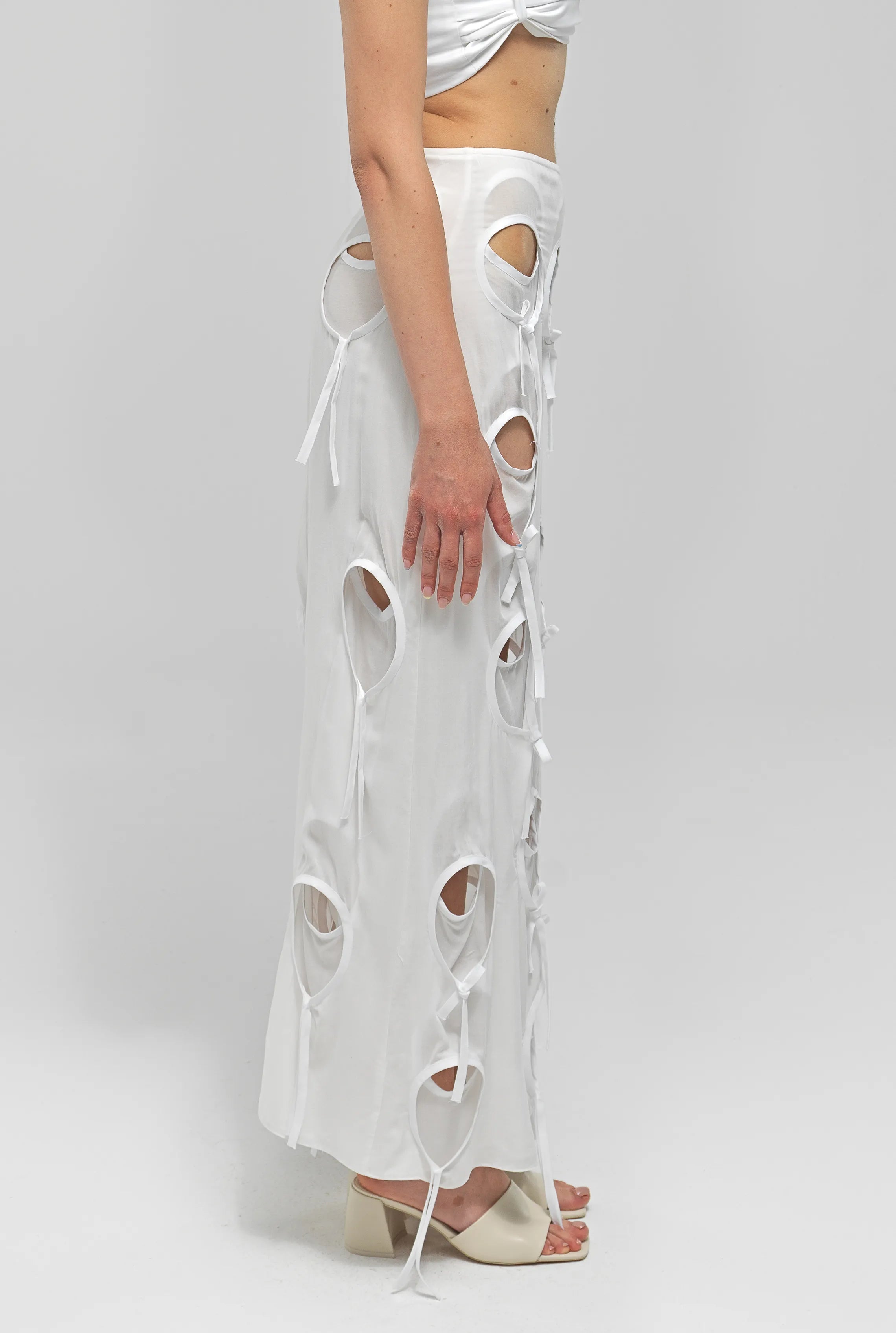 OLENA White Circle Cut-Out Midi Skirt