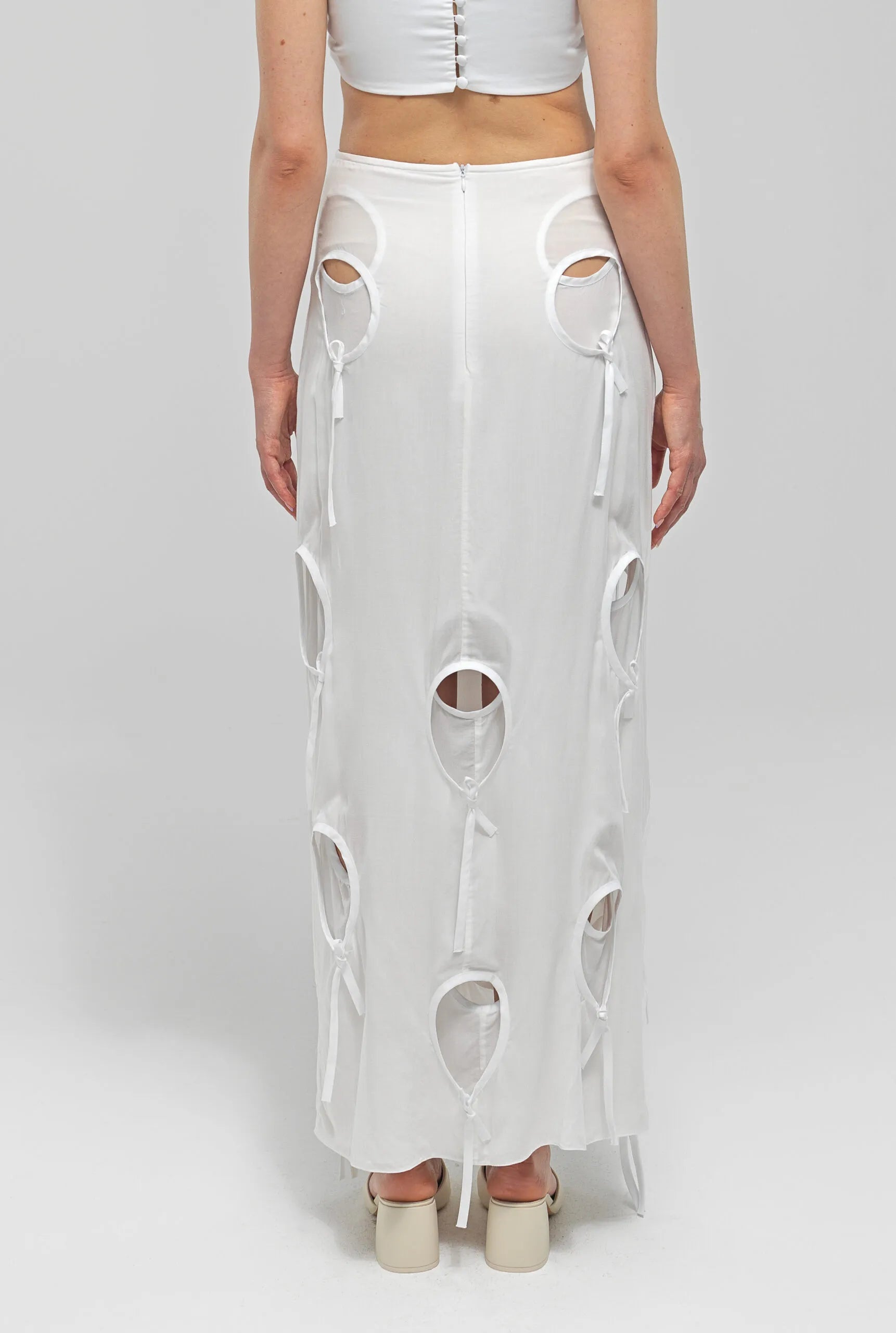 OLENA White Circle Cut-Out Midi Skirt