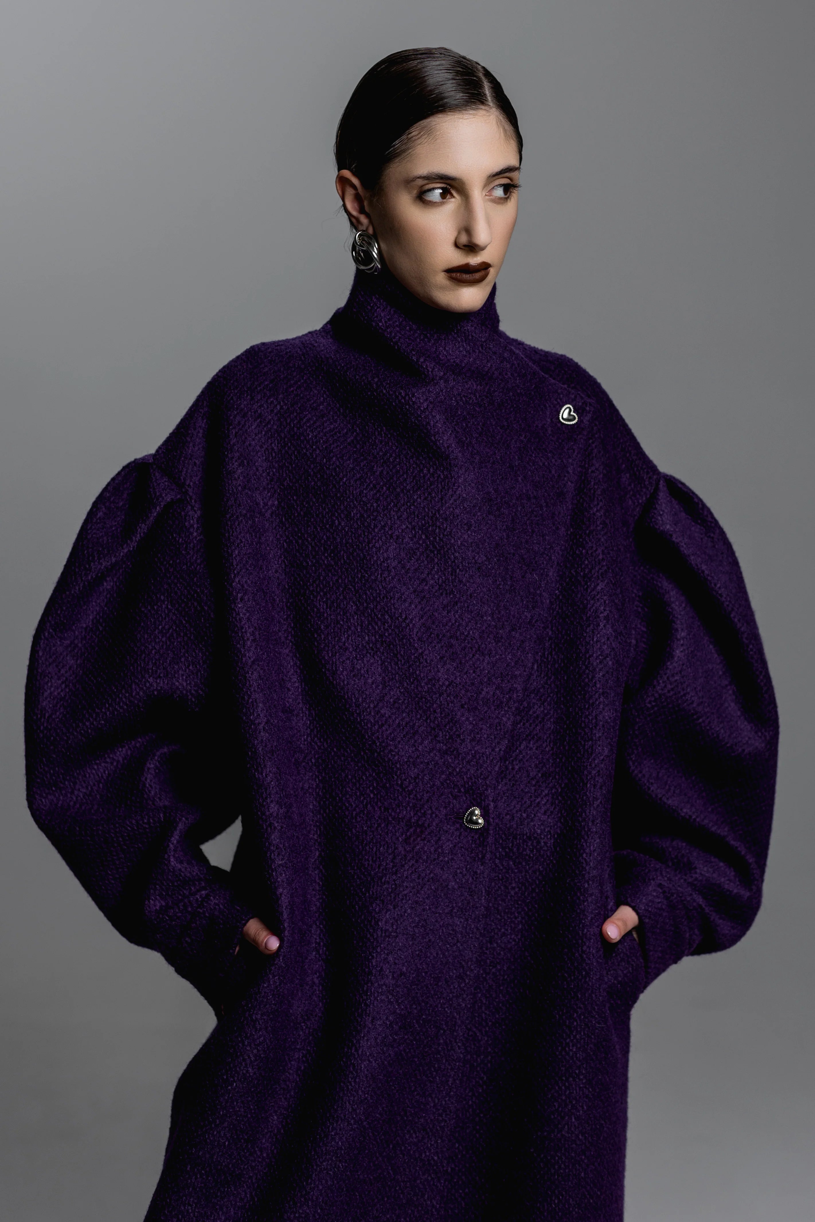 Midnight Purple Puff-Sleeve Wool-Blend Coat