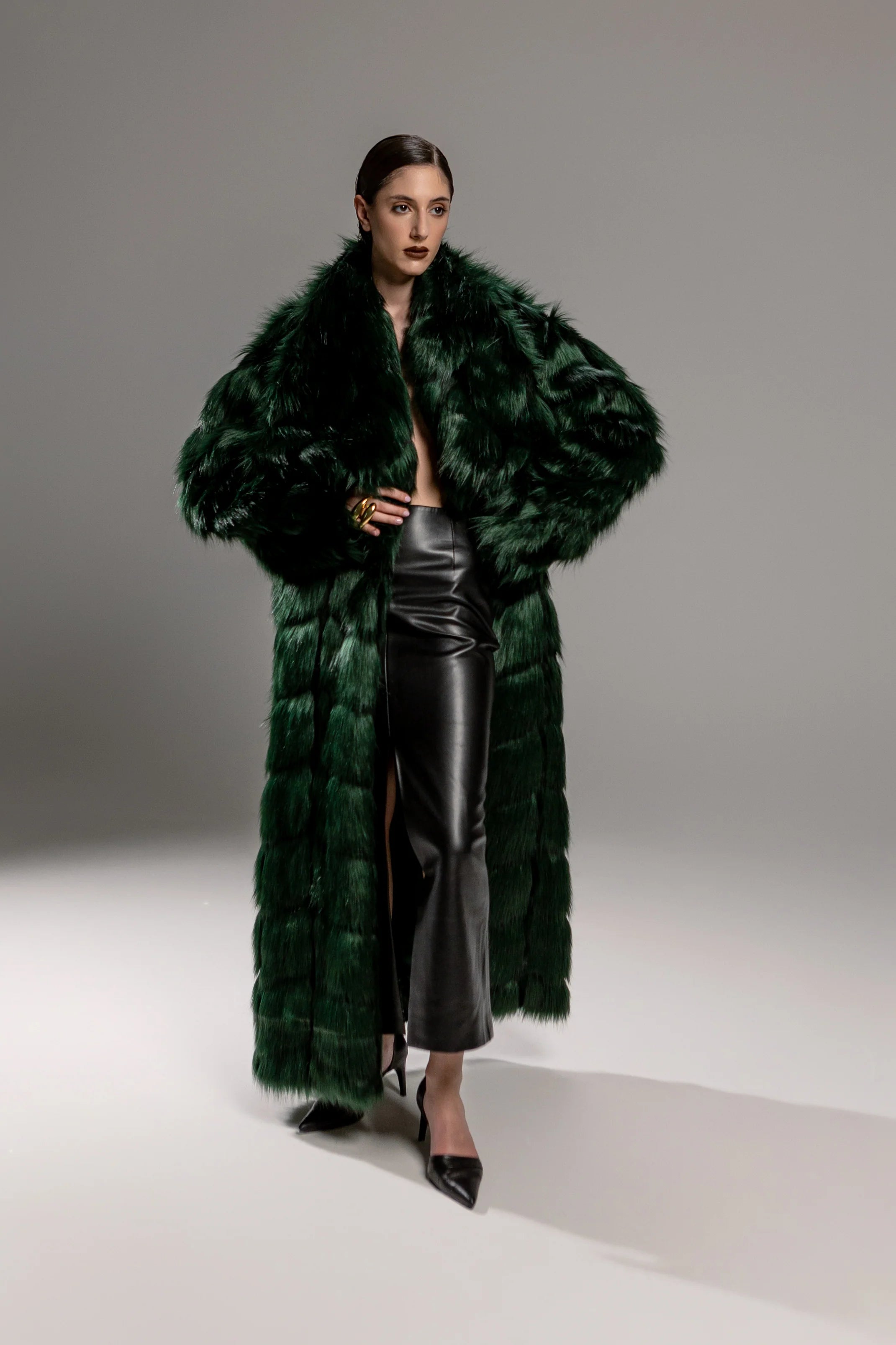 Emerald Green Tiered Faux Fur Maxi Coat