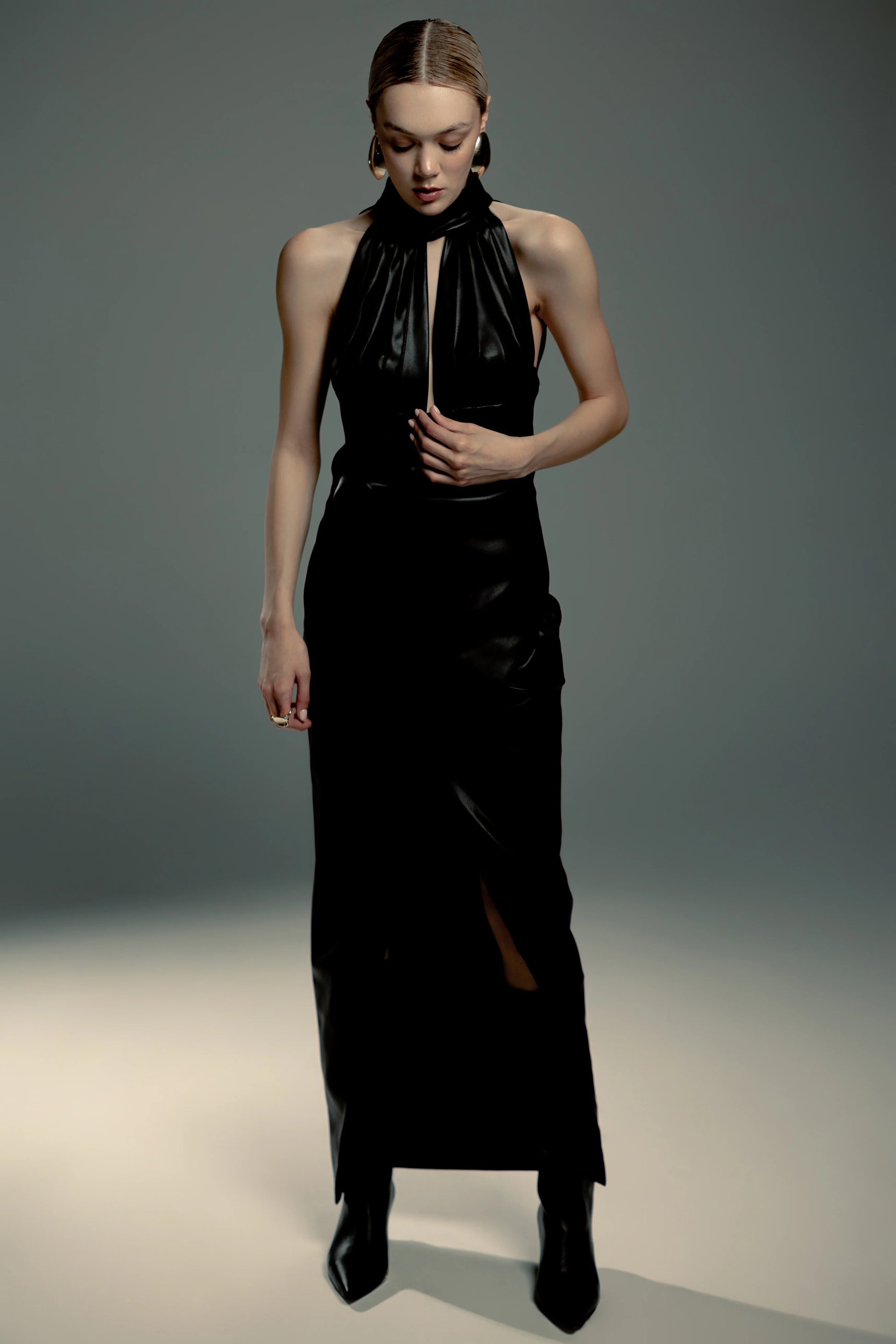 Black Faux Leather Halter Maxi Dress
