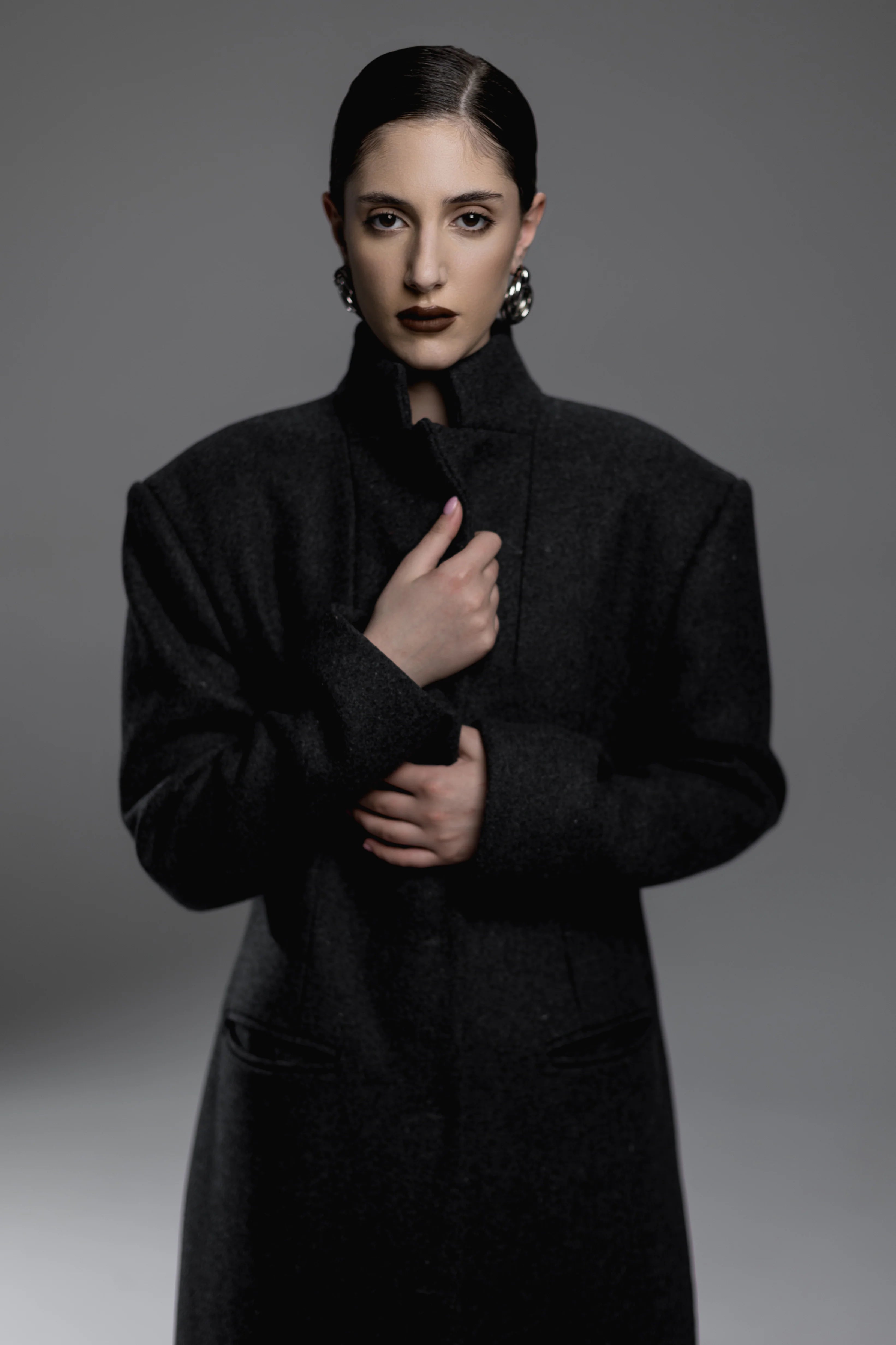 Dark Gray Funnel-Neck Maxi Coat