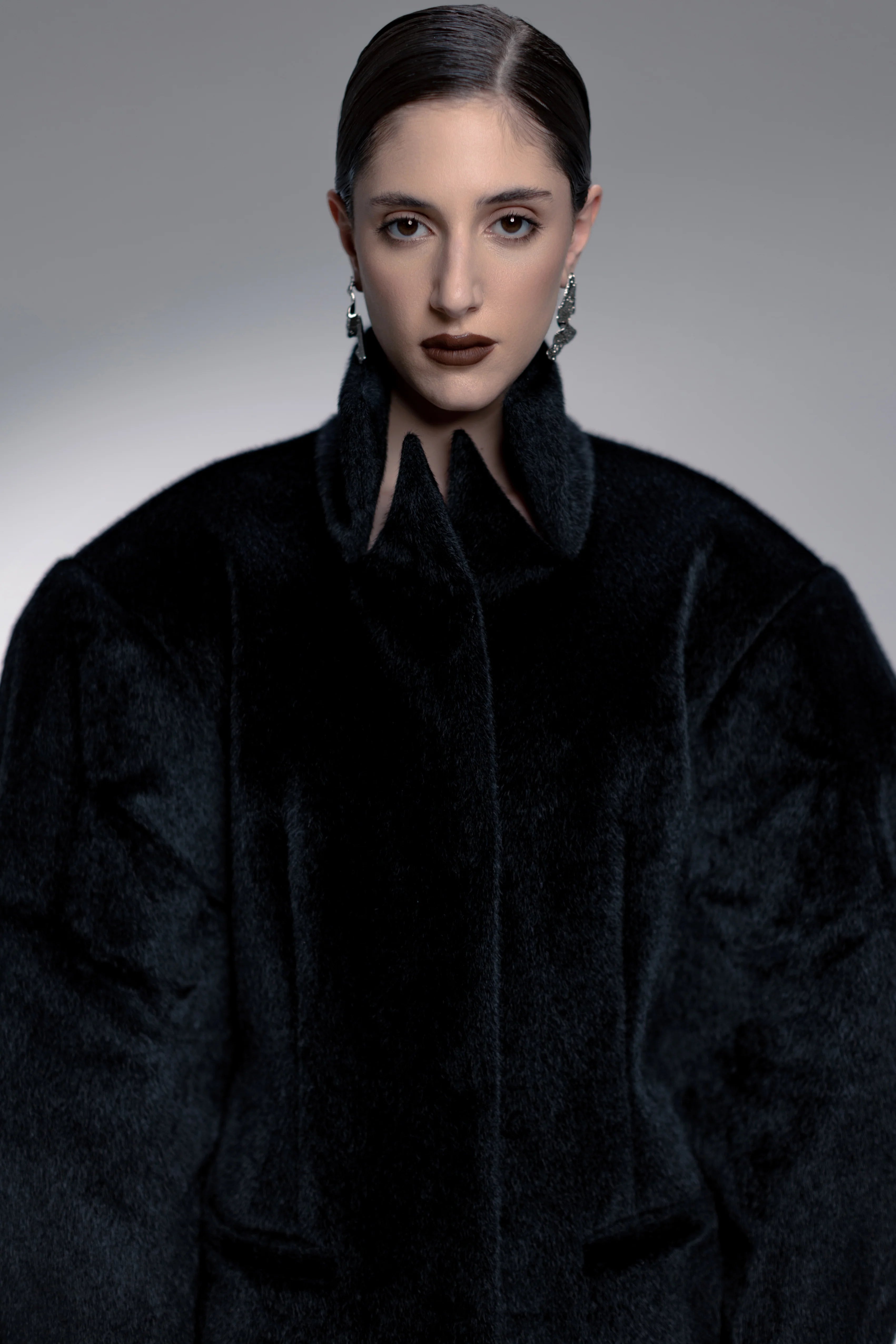 Midnight Black Faux Fur Coat with Stand-Up Collar